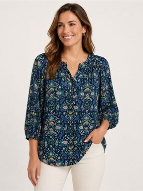 Croft & Barrow Navy Floral Paisley Peasant Blouse 3/4 Sleeve Rayon 1x